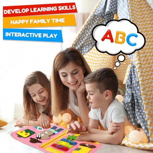 Image of Qizfun Toddler Busy Board Montessori Toys - Sensory Busy Book, Educational Learning Travel Toy for Airplane & Car, Keeps Toddlers Engaged, Birthday Gifts for Toddler Girls