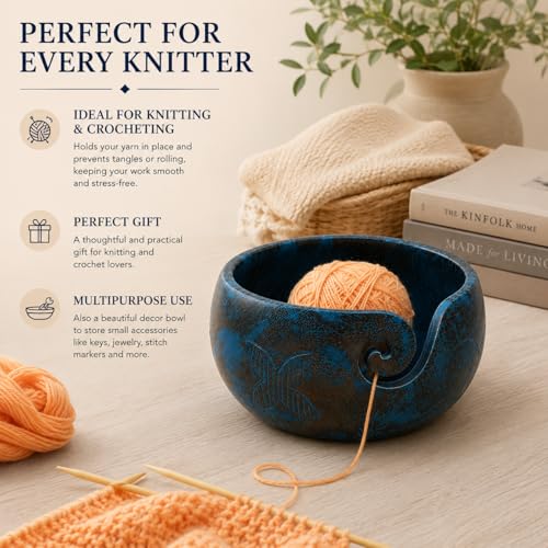 Image of Large Blue Yarn Bowl, 7 x 4 Inch Wooden Knitting Holder | Mango Wood, Holds 2 Yarn Skeins, Handcrafted, Tangle-Free, Smooth Finish, Floral Carved, Giftable