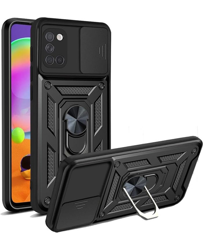 Image of FirstChoice Robot Shutter Case Hard Ring Case, Silicone TPU Shockproof Tough Armour Hard Phone Cover for Samsung Galaxy A31 - Black (Sliding Camera Window)