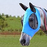 Bythavny Máscara antimoscas para caballos con orejas, de licra, lisa y elástica, para caballos y protección UV (azul)