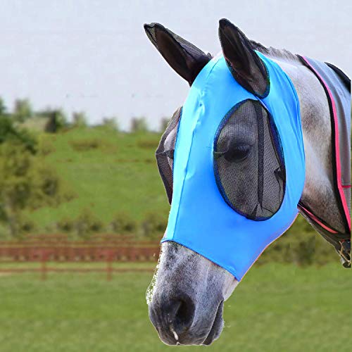 Bythavny Masque anti-mouches pour chevaux avec oreilles en lycra lisse et élastique - Masque anti-mouches pour cheval et protection UV (bleu) Cover