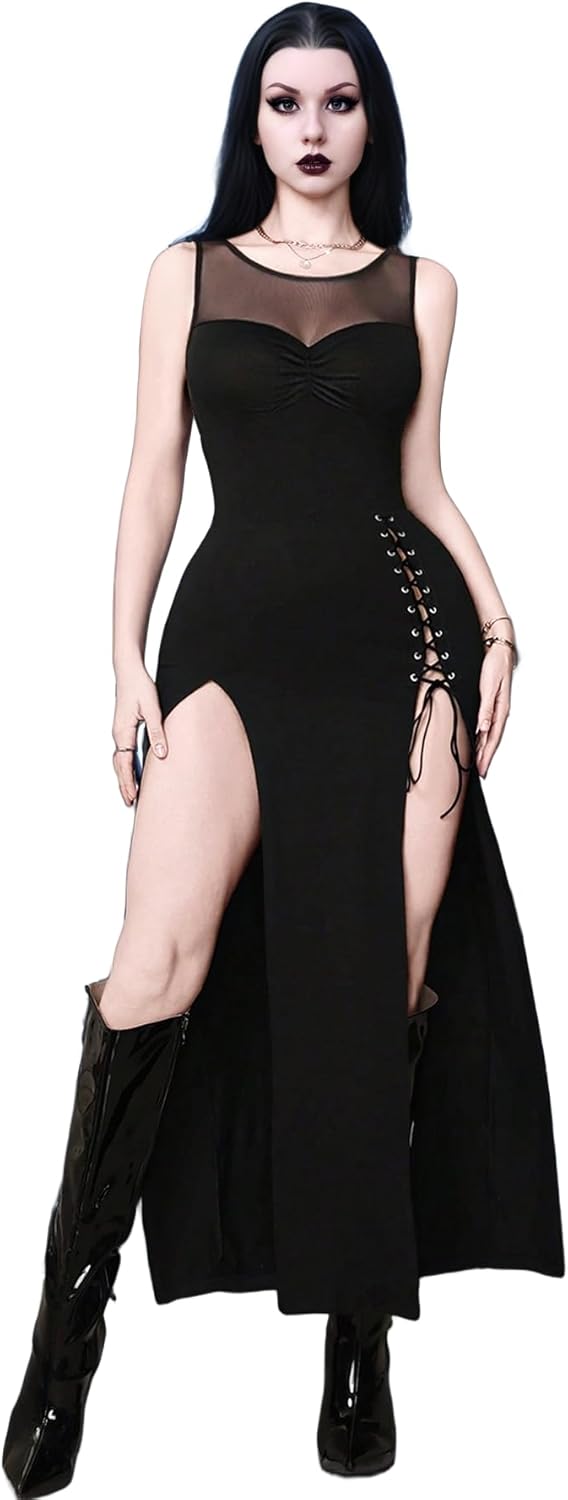 Women Sexy Gothic Dress,Mesh See-Through Splicing Punk Metal Y2k Side Cut-Out Rope Slit Goth Dress
