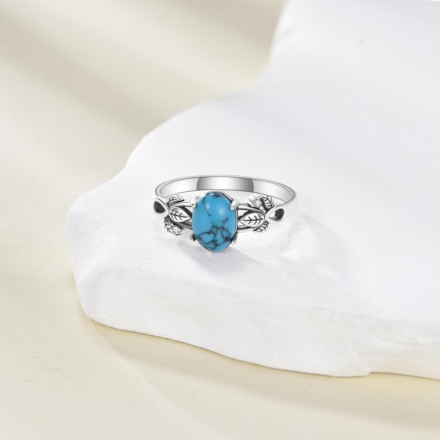 Created Turquoise/Emerald/Ruby/Opal Engagement Ring for Women 925 Sterling Silver 8 * 6MM Oval Birthstone Gemstone Wedding Rings Leaf Bohemian Boho Jewelry Gifts
