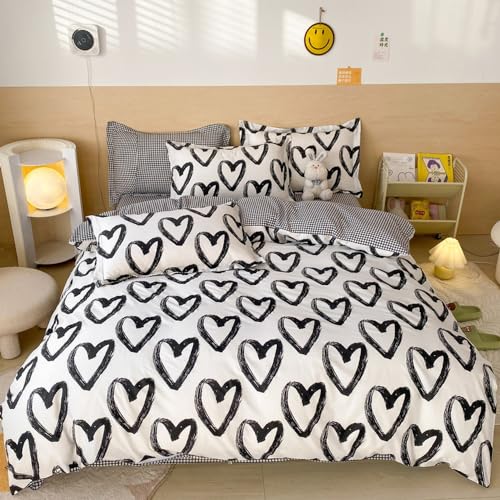 Wellboo Love Comforter Sets Queen Black and White Bedding Comforters Cotton Women Girls Heart Shaped Bed Quilts Brush Ink Love Pattern Quilts Adults Girls Modern Kawaii Black White Dorm Comforters