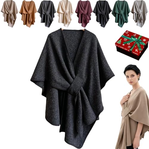 The Fleece Drape Shawl The Fleece Shawl Soft Open Front Poncho Sweater for Spring Fall Winter with Loop (Black)