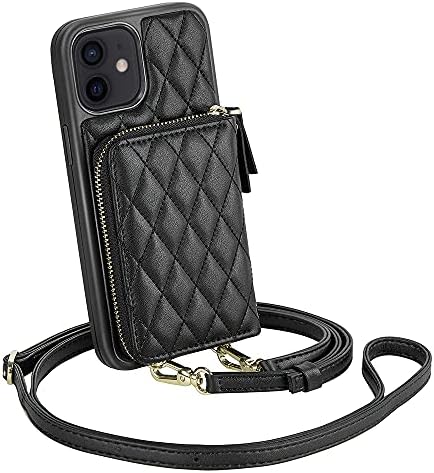 LAMEEKU iPhone 11 Wallet Case, Zipper Wallet Case Card Holder Quilted Leather Crossbody Wallet Case for Lady with Wrist Strap Shockproof Case Compatible with iPhone 11, 6.1 Inch-Black