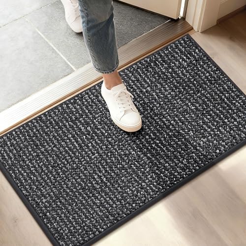 Image of BEQHAUSE Dirt Trapper Door Mat 17 inch x 30 inch, Non-Slip Doormats (Rolled-Up NO Creases) Washable Entryway Rugs, Dirt Resist and Absorbent Welcome Mat, Low Profile Floor Mats for Front Back Door, Charcoal