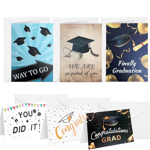 Graduation Cards Set of 6 - Congratulations on Your Graduation with 'Well Done' & 'Proud of You' Messages - Grad Gifts for Men & Women - 10x15cm Blank Inside Cards for Students, Friends, Family