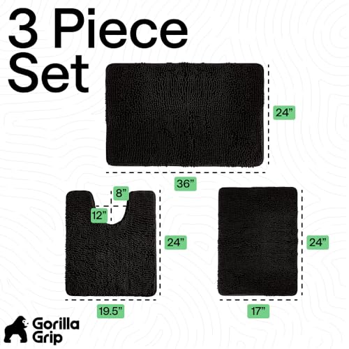 Image of GORILLA GRIP Bathroom Rug Sets 3 Piece, Bath Mat Set and Oval Toilet Base with Rubber Backing, Plush Absorbent Shaggy Chenille Washable Mats, Includes 24x19.5, 24x17 and 36x24 Inch Rugs, Black