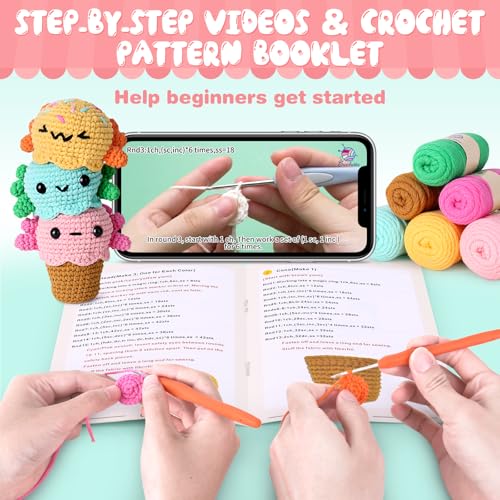 Image of Crochetta Crochet Kit for Beginners, Crochet Starter Kit w Step-by-Step Video Tutorials, Beginner Crochet Kit for Adults Kids Women Men Complete Kit Included (Ice Cream Axolotls)