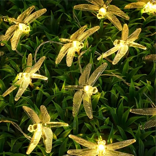 Solar Dragonfly String Light Outdoor Waterproof Auto-On/Off Fairy Light for Garden Patio Party Swimming Pool Decoration (Warm White)