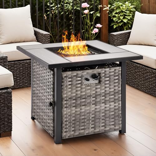 OVIOS 30\" Outdoor Propane Fire Pit Table, 50,000 BTU PE Rattan Weaved Firepits with Ceramic Tabletop, Waterproof Cover, Steel Lid, Lava Rock for Patio Deck Garden, Grey