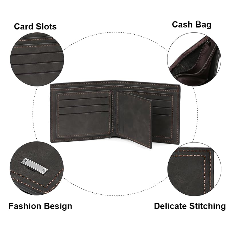 Wallet for Men, Men's Slim Durable PU Wallet, With 9 Card Holders, 2 Cash Pockets, 1 Zipped Compartment, Black2