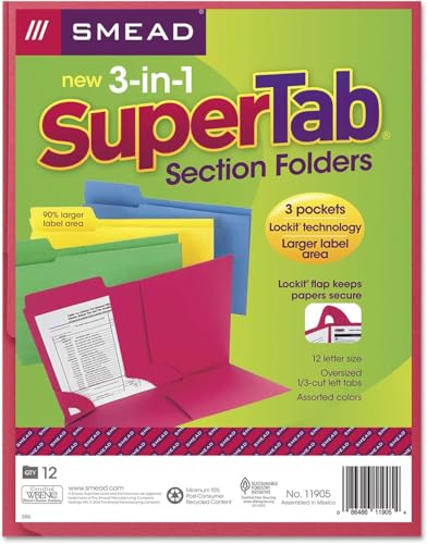 Dossiers 3 en 1 SuperTab Smead 11905 en carton robuste et couleurs assorties