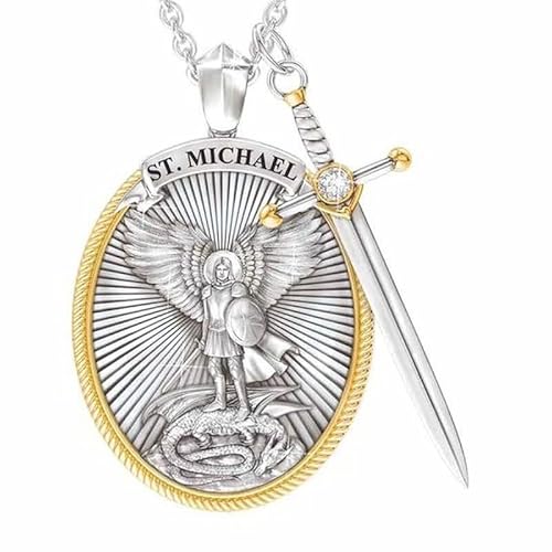 GAUEIOUR New Archangel St. Michael Catholic Patron Steel Pendant Necklace,Christian Amulet, Fashionable Retro Men's Alloy Necklace Pendant, Prayer Necklaces, Christian Gift