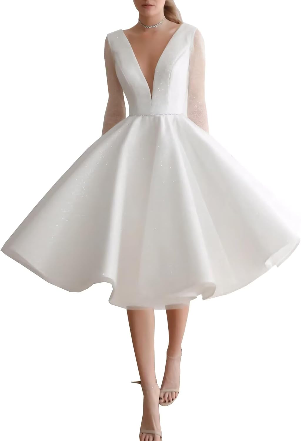 Short Long Sleeve Lace Wedding Dresses for Bride Tea Length Satin Mini Bridal Gown with Sleeves