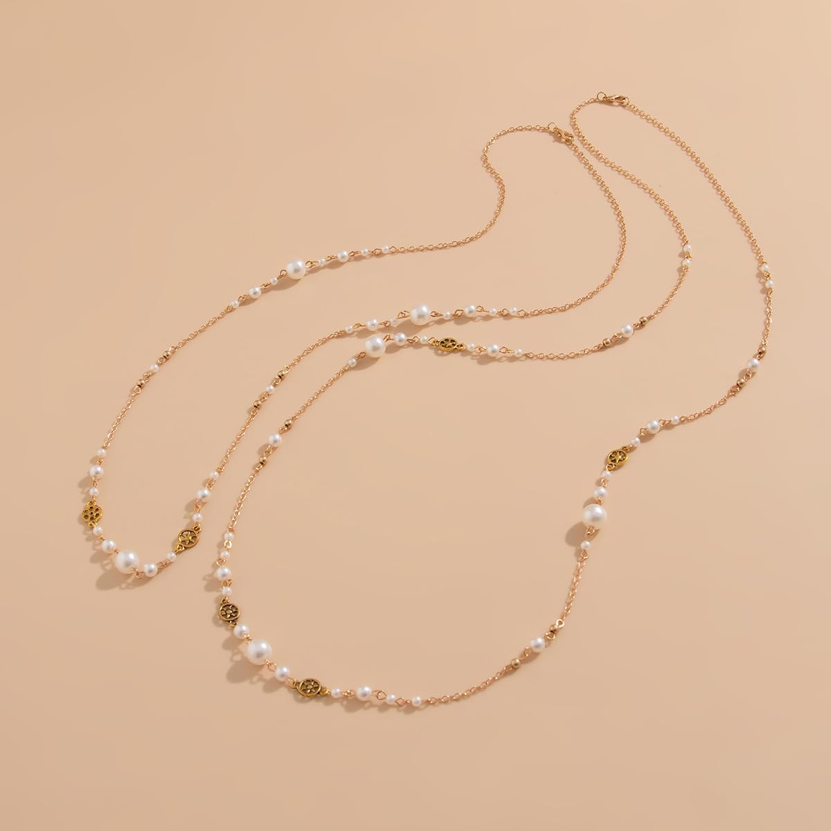 Long Pearl Necklaces for Women, Long Chain Necklace, Trendy Dainty and Gold Necklace Dainty Gold And Layered Pearl Necklace Flower Statement Sweater Strand Choker Silver Chain - Image 5