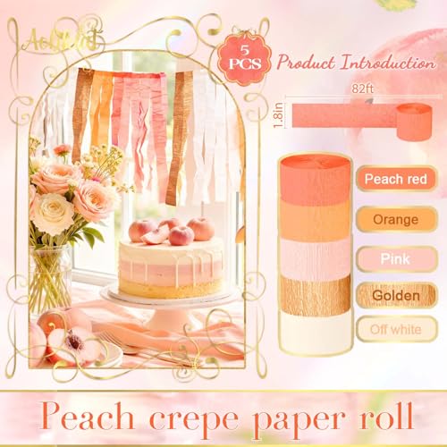 Image of AOBKIAT Streamers Party Decorations,5 Rolls Pastel Pink Gold Orange Crepe Paper Streamers for Little Cutie Baby Shower,Brithday,Wedding,Peach Theme Party,DIY Tassel,1.8 Inch x 82 Ft /Roll
