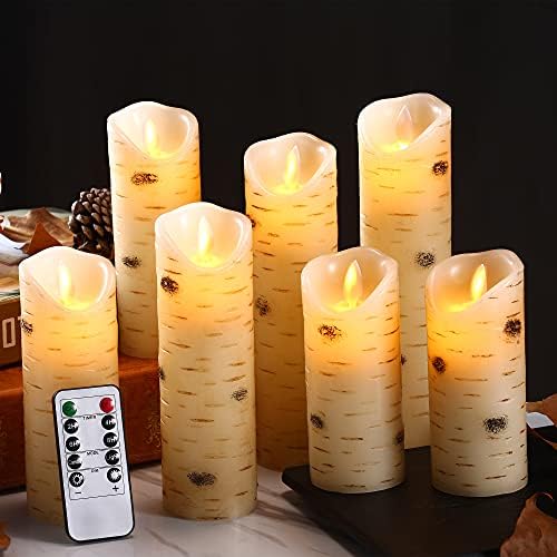 kedtui Flameless Candles Battery Operated Candles with Birch Bark Effect Set of 7 Ivory Real Wax Pillar Dancing LED Flames Candles with 10-Key Remote Control and Cycling 24 Hours Timer