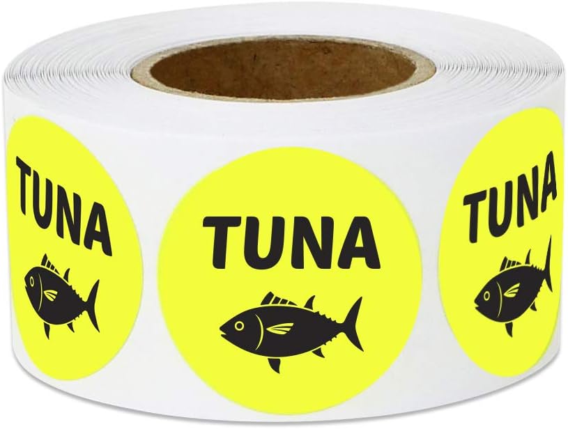 600 Tuna Stickers Labels, 1" Round Tuna Food Labels Seafood Menu Meal Choice Sticker Deli Pantry Catering Food Truck Grocery Store Meat Stickers Package Food Labeling, Yellow - 2 Rolls of 300 Labels