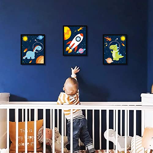 Kairne Framed Cartoon Funny Dinosaur Art Print，Set Of 3 Funny Outer Space Wall Art With Black Frames，Planet Rocket Canvas Painting For Boy Playroom Bedroom Living Room，8 X 10 Inch,Read To Hang #TOP4