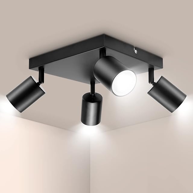 Ketom Adjustable 4 Way Ceiling Spotlight Fitting, GU10 LED Ceiling Light Rotatable, Modern Black Metal Square Ceiling Spotlight for Kitchen Bedroom Living Room, GU10 Bulb Base, Bulb Not Included