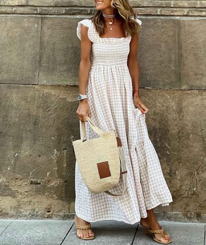 SOMTHRON Women's Square Neck Plaid Smocked Dress Ruffle Sleeveless Tiered Flowy A-Line Checkered Maxi Long Dress2