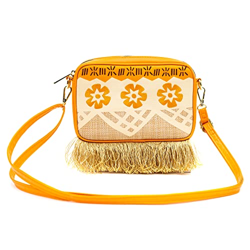 Image of Disney Bag, Horizontal Crossbody, Moana Embroidered Skirt Pattern with Hei Hei and Pua Pose, Raffia Straw