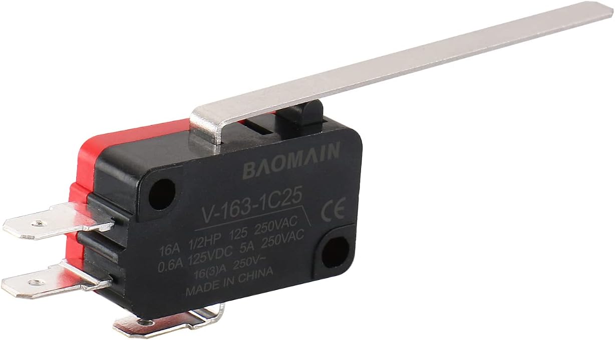 Baomain 5-Pack Micro Switch SPDT Snap Action 16A 250V AC, 1NO 1NC, 3 Terminals,Long Straight Lever,V-163-1C25