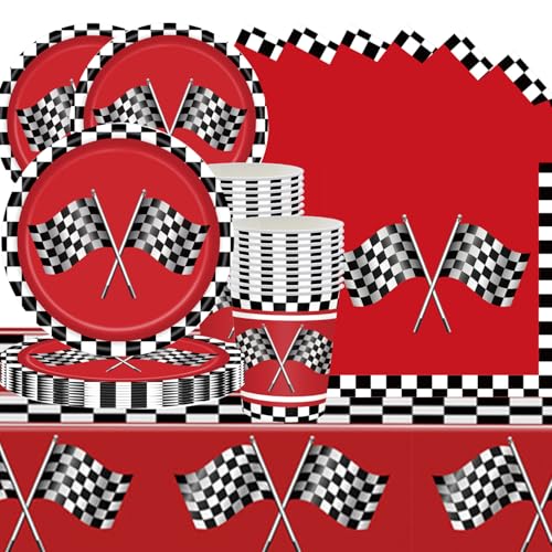 73 peças de louça para festa de aniversário de carros de corrida, incluindo pratos de papel, copos, guardanapos e toalhas de mesa para uma festa temática de carros de corrida para 24 pessoas.