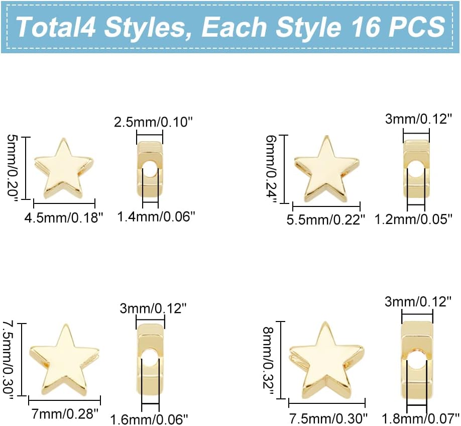 PH PandaHall 64pcs 14K Gold Star Beads, 4 Sizes Brass Star Spacer Beads Long Lasting Loose Beads for Necklace, Bracelet, Earring Jewelry DIY Craft Valentine, Mothers Day, Thanksgiving - Image 5