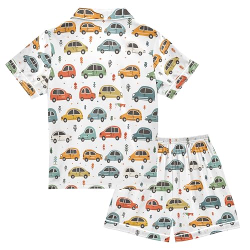 ALAZA Cartoon Car Tree Leaf Pajamas Satin Pajama Set Short Sleeve Button Down Sleepwear2