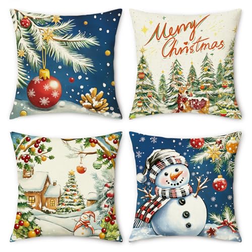NymphFable 4er Set Kissenbezüge Weihnachten Blau 45 x 45 cm,...