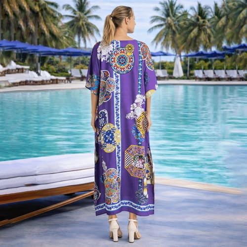 Image of Miss Lavish London Purple Kaftan Dresses for Women V Neck Batwing Sleeve Beach Vacation Bikini Swimsuit Cover Ups, Ethnic Print Plus Size Dubai Caftan Maxi Dress with Side Slits-Purple-S