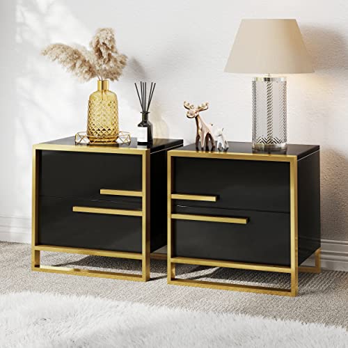 Hernest Modern Nightstand Set Of 2 Storage Cabinet With Solid Wood 2 Drawers Sofa Bedside End Table Glam Steel Frame Accent Furniture Without Assembly For Bedroom/Living Room/Salon/Office, Black #TOP8