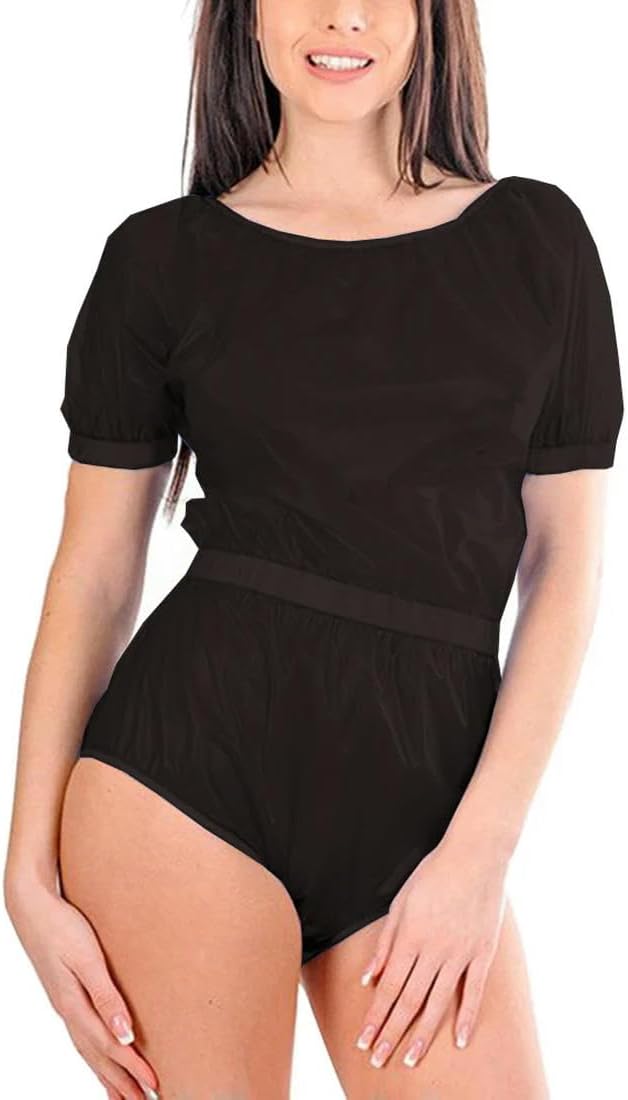 Exotic Women PVC Bodysuit Clear O-Neck short Sleeve Catsuit Waist Elastic Leotard Gothic Bodysuit 7XL