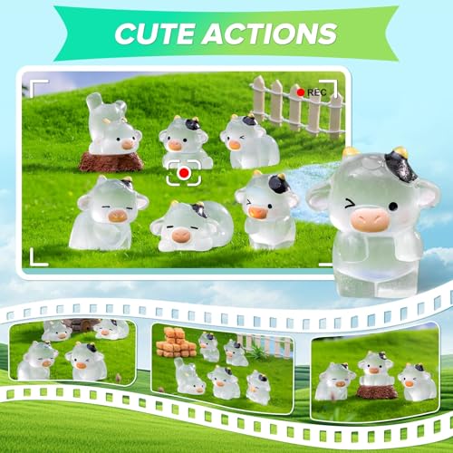 6Pcs Cute Luminous Cow Car Dashboard Decor Set- Cars Rearview Mirror/Dashboard/Touchscreen Top Funny Adorable Auto Rear View Mini Cows Ornament, Cars Interior Accessories for Women Men（Clear White） - Thumbnail 2