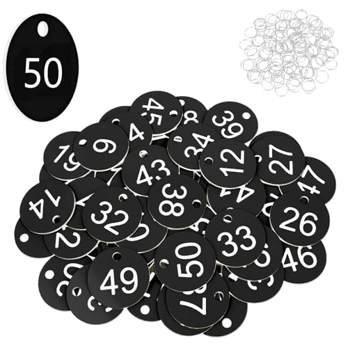 Flintronic Etiquetas Numeradas Número, Llaveros Numerados para Taquillas, Numeros Etiquetas de Plástico, para Taquillas Hoteles Pubs Spa para Identificación Guardarropa, 1-50 Negro