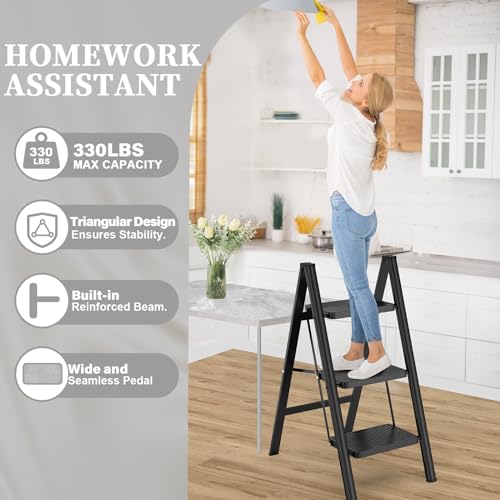 HBTower Step Ladder 3 Step Folding, Folding Step Stool for Adults, Closet Step Stool Lightweight Kitchen Ladder 3 Step Ladder with Anti-Slip Wide Pedals by HBTower - Image 3