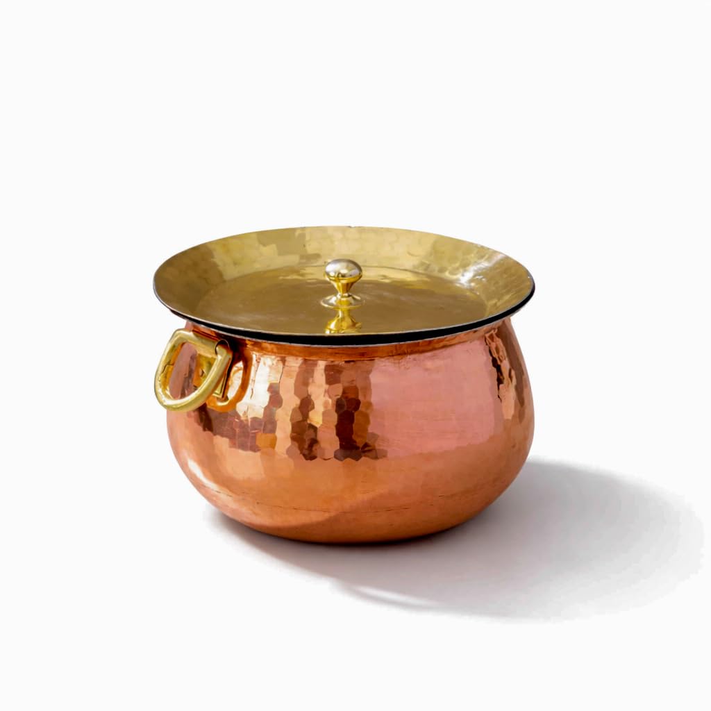 P-TAL Copper Madurai Handi Tin Coated with Lid 100% Pure Copper Degchi Teflon/Chemical Free Cooking 4kgs Non Stick Biryani Handi for Kitchen, 3.5 Liters