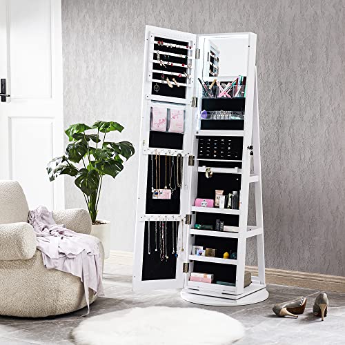 Sicotas Standing Jewelry Armoire With Mirror Full Length With Jewelry Storage, Jewelry Mirror Cabinet, Rotating Jewelry Organizer Cabinet With Lock, Led Lights Jewelry Boxes&Organizers Shelf, White #TOP1