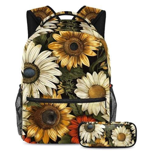 Sac à dos tournesols vintage et trousse pour le collège et lycée