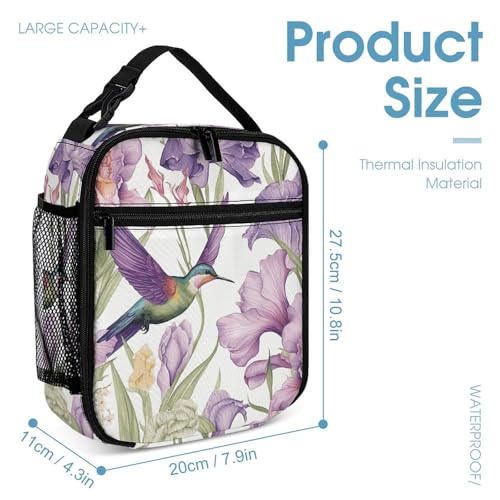 Hummingbirds Irises Flowers Backpack Set 3 Piece, Durable Backpack Insulated Lunch Bag Portable Pencil Case for Men Women4