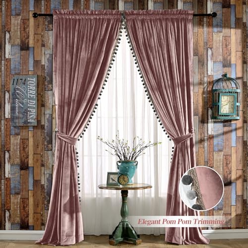 Image of Melodieux Luxury Pom Poms Velvet Curtains for Bedroom Living Room, Vintage Room Darkening Rod Pocket Window Decorative Drapes, 52 inch W x 84 inch L, Dusty Rose (2 Panels)