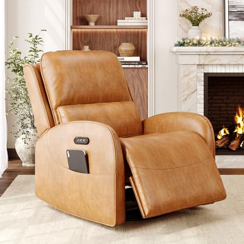 iPormis Power Recliner Chair for Adults, Leather Swivel Rocker Recliner Chair with Power Headrest/Lumbar Support/Charging Ports, Electric Recliner Single Sofa Chair for Living Room/Bedroom, Brown