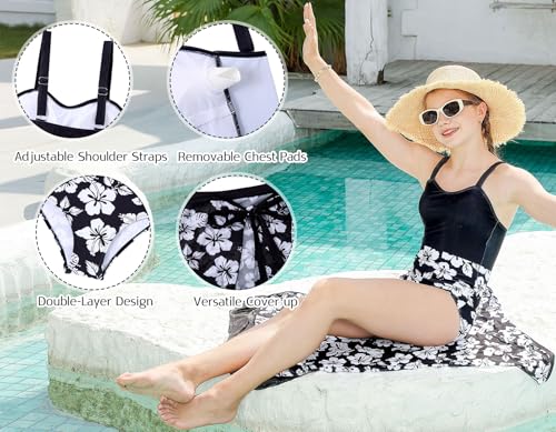 Image of UNIFACO Teen Girls Swimsuit Size 14-16 One Piece Black Bathing Suit with Mesh Cover Up Adjustable Straps Swimwear