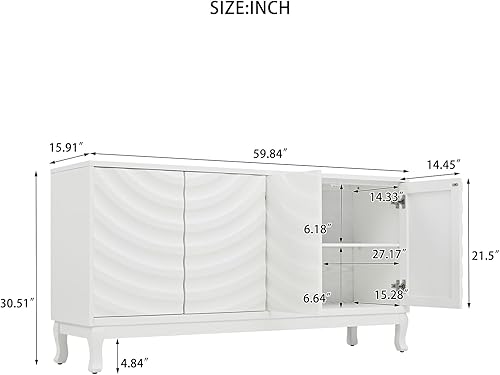 Miniatura 2 de Aparador de buffet Credenzas para sala de estar, aparador de almacenamiento moderno blanco de 60 pulgadas, consola de gabinete de entrada lujosa con