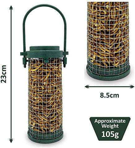 Eco Friendly Bird Feeder Pre-Filled with Mealworms Included - Green Recycled Plastic Hanging Feeders for Wild Garden Birds - Attracts Finches, Robins & many others