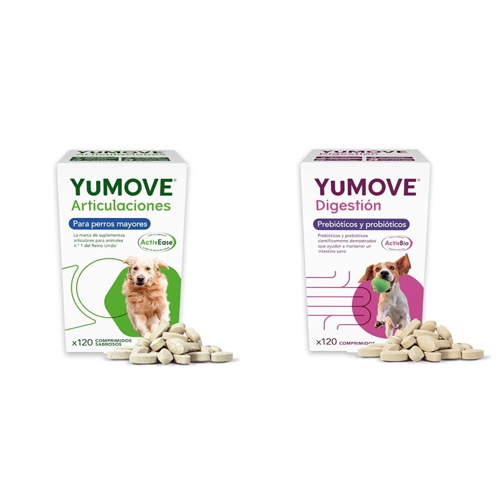 YuMOVE Condroprotector Perros Senior + Probioticos Superpack - Pack 120+120 Comprimidos - ActivEase Mejillón Verde & ActivBio - Movilidad, Digestión & Bienestar Diario para Perros Mayores Total