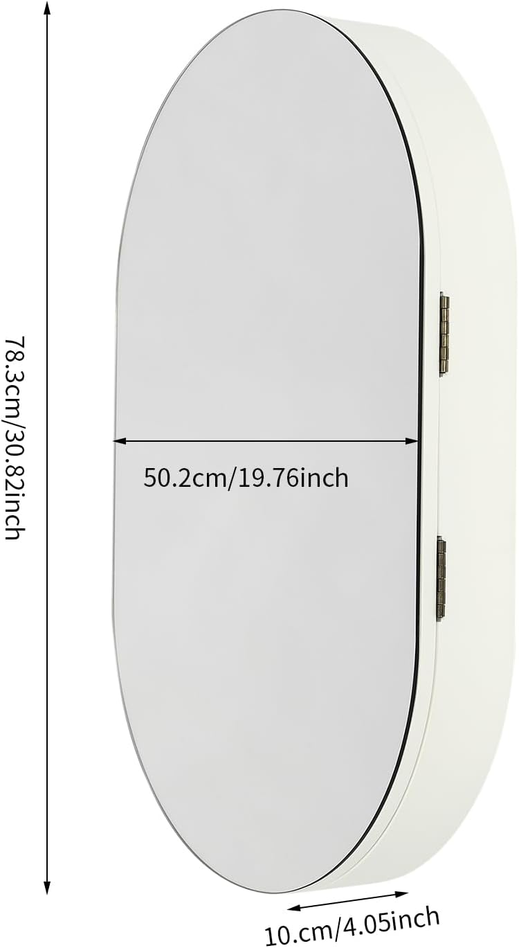 Oval Bathroom Mirror Cabinet 50.2×78.3 cm, Wall-Mounted White Storage Cabinet w/Door, Hidden Shelf for Toiletries, 2 Adjustable Levels, Hinges Left/Right, Small Powder Room Medicine Cabinet